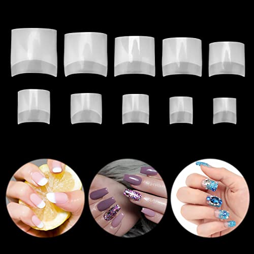 MWOOT 500 Stück Kurz Fake Nageltips Künstlich Nagelspitzen, Französisch Square Acryl Halbe Abdeckung Falsche Nails Art Tips für Gelnägel Set DIY Salon Haus Maniküre Frauen Dekor, 10 Größen (Natürlich)