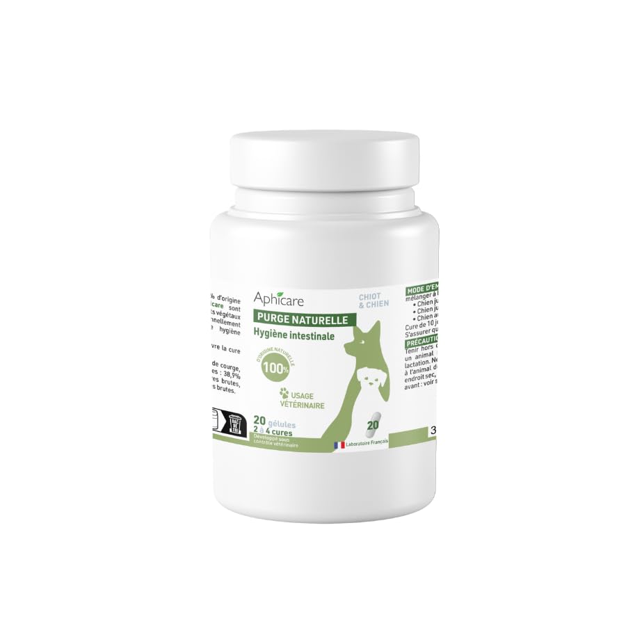 APHICARE - Higiene intestinal - Comodidad intestinal - 20 cápsulas - levadura de Cerveza - 3 extractos Vegetales - Suplemento alimenticio - Perro y Cachorro - Fabricado en Francia