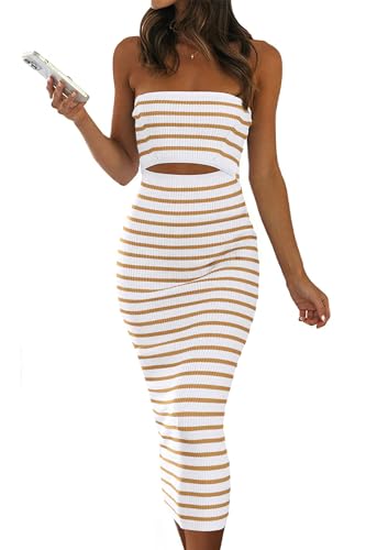 PRETTYGARDEN Summer Dress for Women Striped Cut Out Sleeveless Tube Top Bodycon Midi Dresses...