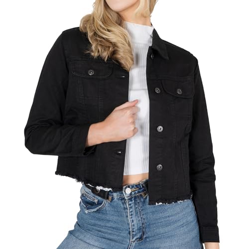 NOROZE Womens Denim Jacket Cropped Denim Jacket Women Ripped Self Fabric Distressed Hem Casual Jean Coat (14 Black)