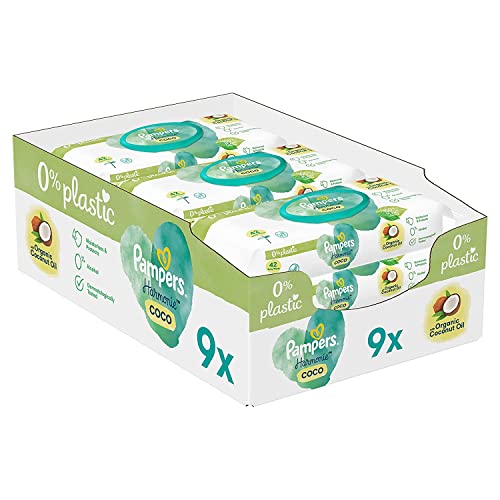 Pampers Harmonie Coco - Toallitas húmedas para bebé, 9 paquetes de 42 toallitas = 378 toallitas húmedas para bebé, con aceite de coco, hidratantes y protectores