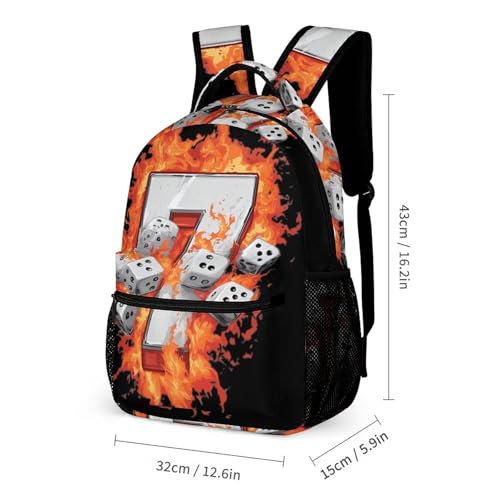 Lucky Nnumber 7 with Dice Printed Backpack with Lunch Box Bag Pencil Case Pouch 3pcs Daypack Set for Women Men2