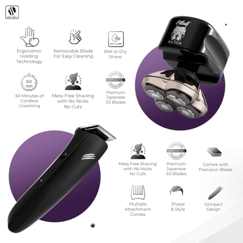 Image of Skull Shaver Pitbull Silver PRO with Baby Beast Trimmer: Electric Head Shaver and Trimmer for Head, Underarms, Chest, Back Grooming Kit, Waterproof, No Nicks