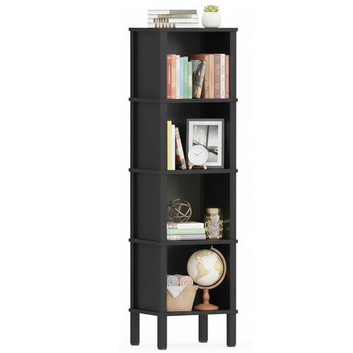 LAATOOREE 4-Tier Narrow Bookshelf for Small Spaces, Modern Cube Bookcase, Skinny Storage Shelving Unit, Open Display Rack, 14.2 x 11.2 x 52 inches, for Bedroom, Living Room, Home Office, Corner
