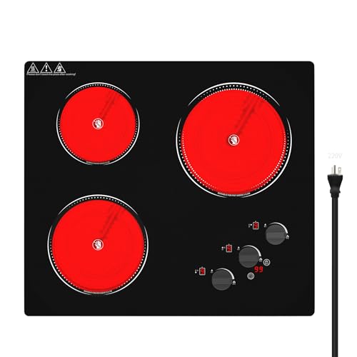 Image of GIHETKUT Electric Cooktop, 220V 5000W Stove Top, 9 Power Levels, Kids Lock & Timer, Hot Surface Indicator, Overheat Protection,knob and touch control 3 Burner Electric cooktop