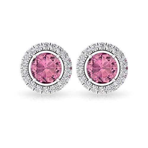 1.12 CTT Solitaire Tourmaline Certified Diamond Halo Earring, Vintage Pink October Birthstone Anniversary Studs Earring, Women Bridal Wedding Earrings, 14K White Gold, Pair