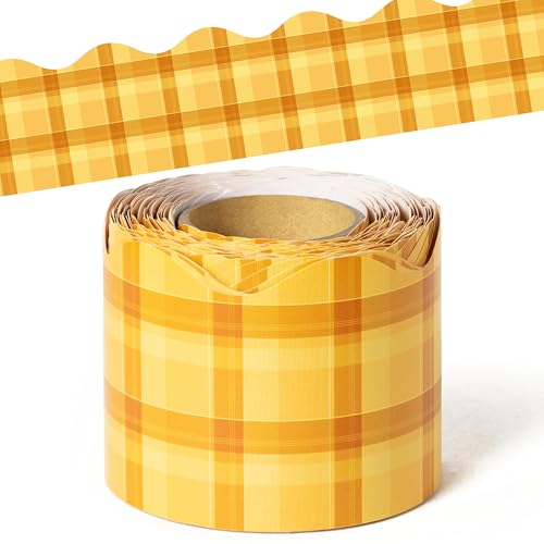 Image of BeYumi Yellow Plaid Border Trim - 65ft Back to School Yellow Scalloped Rolled Border Trim Fall Thanksgiving Plaid Bulletin Board Set Harvest Party Decor Classroom Office Chalkboard Door Decoration