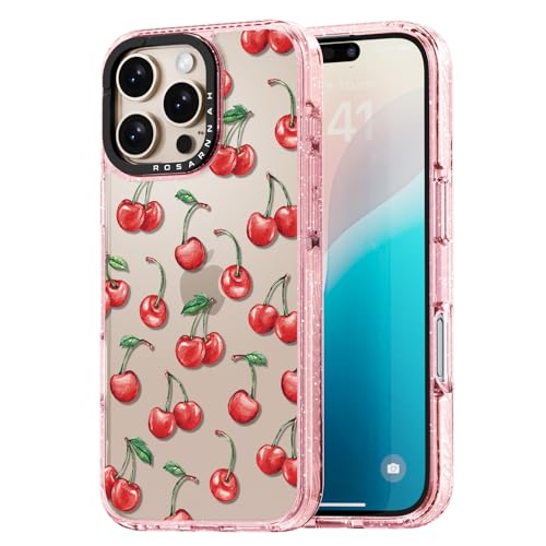 Image of Rosarnnah for iPhone 16 Pro Max Case Cute - Durable Shockproof 6.6 ft Drop Impact Phone Case - Funny Cherry Design (6.9") Glitter Pink