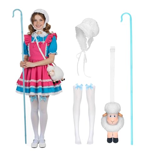 TUVWYSZ Adult Shepherdess Costume Set with Bonnet White Stockings With Blue Bow Plush Sheep Bag Shepherds Crook (Bonnet+Stockings+Sheep Bag+Sheephook)