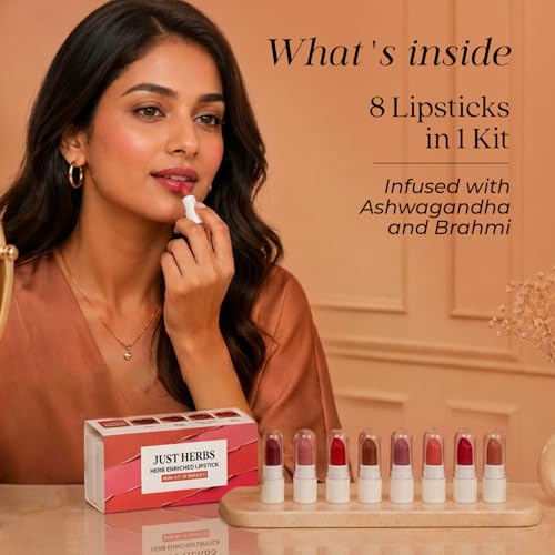 Image of Just Herbs Herb Enriched Lipstick Kit | 8 Creamy Matte Shades | Travel Friendly & Richly Pigmented | Infused with Ashwagandha, Brahmi & Castor Oil | Curated for Indian Skin Tones