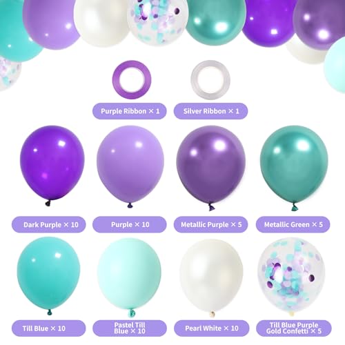 Image of RUBFAC Purple Party Balloons, Purple and Teal Balloons, 65pcs Metallic Purple Green Blue Confetti Latex Balloons for Magic Birthday Party Decorations