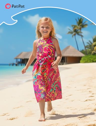 Image of PATPAT Family Hawaiian Matching Outfits - Mommy and Me Vacation Outfits | Halter Sundresses and Button Down Shirts,Caribbean Vacation Summer Tropical Outfits,Hawaiian Boho Tropical Floral Printed