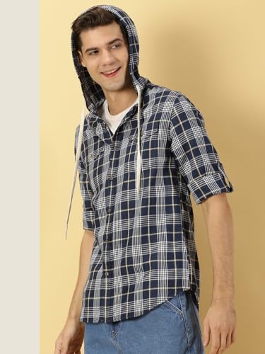 Image of Thomas Scott Men's | Checks | Full Sleeve | Regular Fit | 100% Cotton | Hooded | Casual Shirt