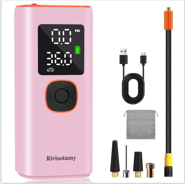 Rivisotamy Tire Inflator Portable Air Compressor, 6000mAh&160PSI Pink Car Accessories for Women and Men, Electric Pump for Bike, Motorcycle, Ball