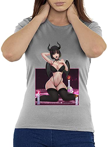 Photo de Générique Kinky Succubus Girl Dark Magic Ritual Anime Babe T-Shirt Femme en Coton à col Rond Gris X-Large