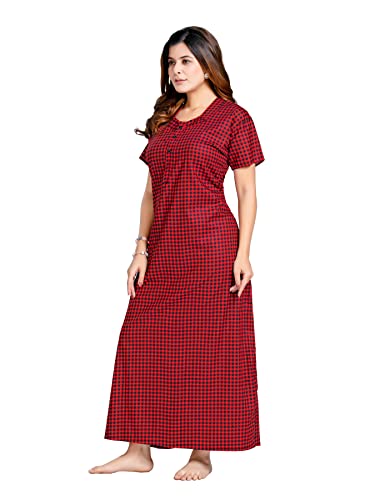 Image of PNAEONG Women's Printed Cotton Nighty, Gown Maxi - Free Size RedChecks