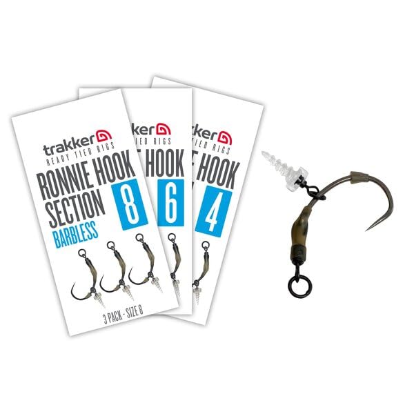 Trakker Ronnie Hook Section Size 8 Barbless x3 Pack | for Carp Fishing | Super Sharp Clinga SP Hook with Ronnie Swivel Size 11 | Plastic Bait Screw for Pop-Ups | Grip Bead and Rigger | Code 228776