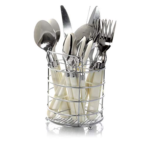 16 Piece Stainless Steel Flatware Set with White Handles and Chrome Caddy