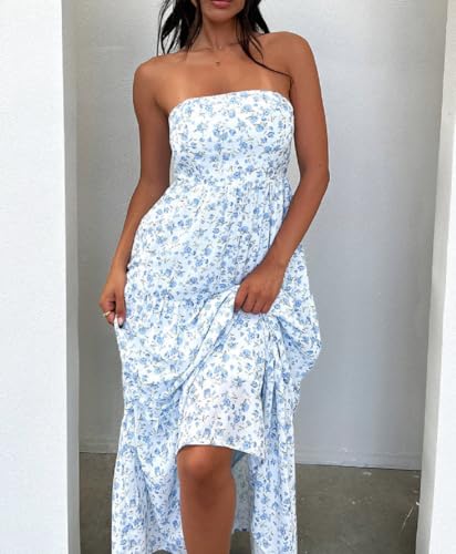 Image of Women Floral Print Maxi Tube Dress Strapless Flowy Long Bandeau Dress Y2K Open Back Sundress Summer Beachwear