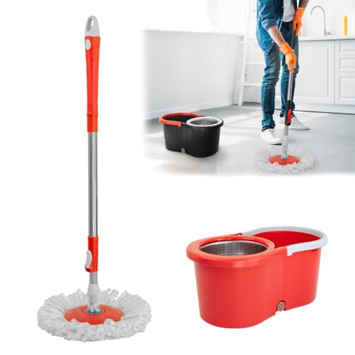 SELECTSHOP Trapeador con Exprimidor, Cubeta con Exprimidor, Mop Trapeador Giratorio, Microfibra, Mágico para Limpieza (Rojo)