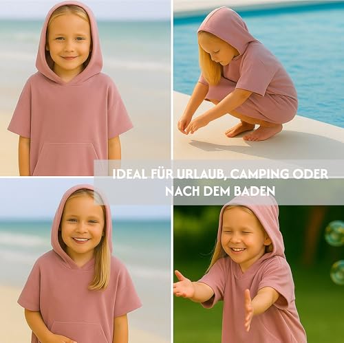 CalmyBEACH Leicht Frottee Badeponcho Kinder - Mädchen Jungen Baumwolle Poncho Handtuch Bademantel Badetuch Surf Strandponcho Kapuzenhandtuch 10-13 Jahre Altrose