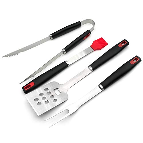 KTM Healthcare® BBQ Grill Tools Set 4 Pcs Grilling Utensils Spatula Tongs Fork Basting Brush Stainl Steel Barbecue Accories Kit