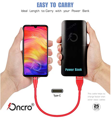 Image of RED Indestructible Data Cable Fast Charging, Short mini Small 25 cm Nylon Braided Power Bank Cable for Type c oneplus 6, 7, 8, Galaxy s 9 + Note 8, lg Moto g7 6 5, Charge & sync 2.4A max