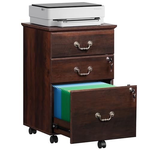 DEVAISE 3 Drawer File Cabinet with Lock, Mobile Wood Filing Cabinet for Under Desk Storage, Rolling Printer Stand for Office Storage, Brown Oak