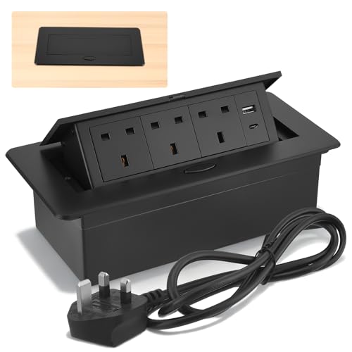 5-in-1 Desktop Power Socket with USB C 3 UK Plug Pop Up Electrical Outlet Cover Box 1.8M Cable Recessed Aluminum Power Strip Hidden Pop Up Desk Sockets for Kitchen Worktops, Office, Conference Table