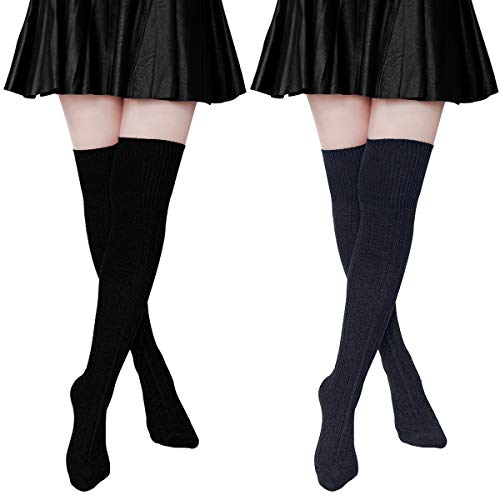 Ordenado Womens Thigh High Socks Extra Long Over the Knee Leg Warmer Cotton Boot Stockings(Black&Dark Grey)