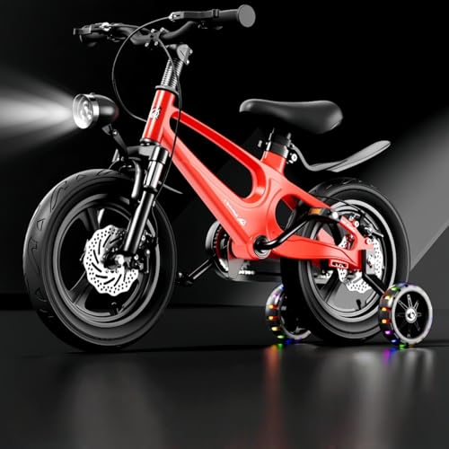 MiluFox「子供用自転車」12/14/16/18インチ 補助輪付き 男女兼用 高炭素鋼フレーム 泥除け装備 シート高調整可能 2?14歳対応 キッズバイク 安全設計 初心者向け 18in 白-A (ディスクブレーキ+カイドウレッド【一体輪】+LEDライ