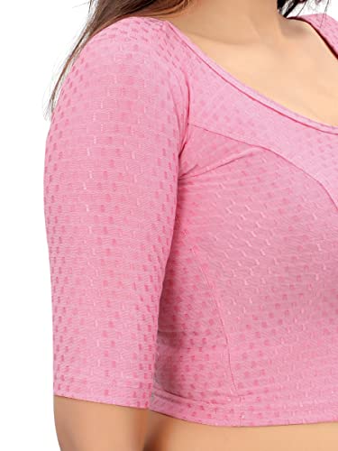 Image of Round Neck Dobby Cotton Lycra Stretchable Elbow Sleeve Readymade Saree Blouse for Women Stylish