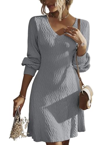Dokotoo Womens Fall Wedding Guest Dresses for Women Winter Clothing 2025 Business Casual Work Long Sleeve Dress V Neck Knit Ribbed Ladies A Line Sweater Dress Grey Dresses for Women M