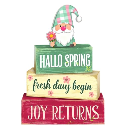 Spring Decoration Wooden Tiered Tray Decor – Rustic Hallo Spring Stacked Block Sign with Spring Gnome Topper – Farmhouse Tabletop Spring Decor for Living Room Shelf Kitchen Seasonal Home Display