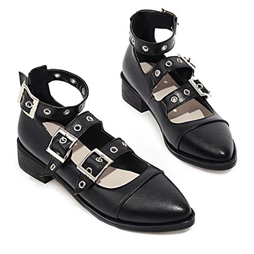 AIMODOR Womens Goth Pointed Toe Gothic Punk Chunky Low Heel Buckle Pumps2