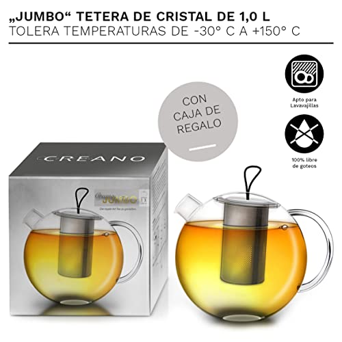 Creano Tetera JUMBO, Tetera de Vidrio en 3 Piezas en un Juego de Tetera con Filtro Integrado de Acero Inoxidable y Tapa de Vidrio | 1,0L - Imagen 5