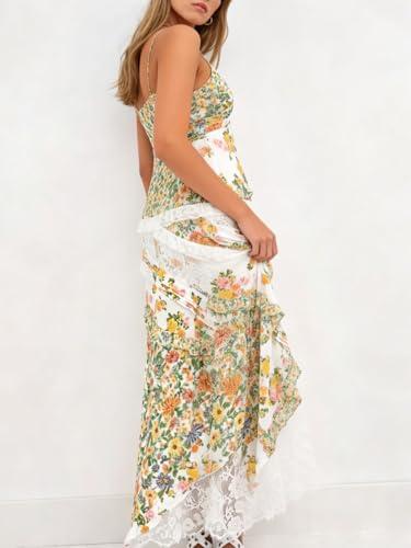 Image of Women Y2k Floral Smocked Maxi Dress Bow Tie Shoulder Tiered Ruffle Midi Sun Dress Boho Casual Beach Long Dresses