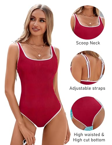 Image of BMJL Women's One Piece Swimsuit Sports Adjustable Strap Bathing Suit Color Block Ribbed High Cut Swimsuits