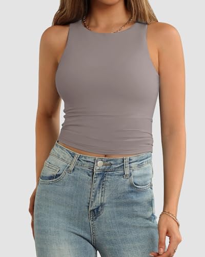 Image of ATHMILE Womens Double Lined Crop Tank Tops Casual Basic Shirts Sleeveless Workout Tops Cute Summer Clothes Teen Girls