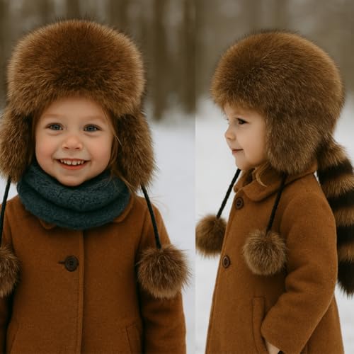 Winter Cute Raccoon Plush Hats, Earflap Warm Parent Child Plush Animall Beanie Cap, Faux Fur Trapper Hat with Pom Poms, Tail4