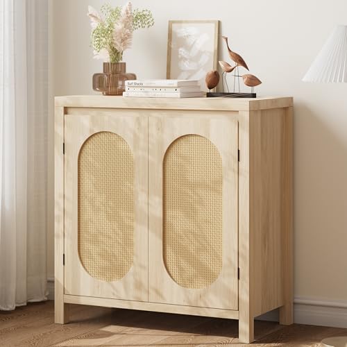 Garvee Mid Century Sideboard Buffet - 30 in Retro Storage Cabinet with Rattan Doors & Adjustable Shelves, Boho Chic Accent Console for Living Room, Di