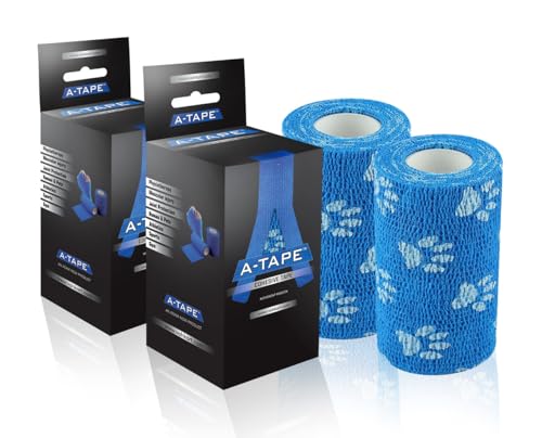 Image of A-Tape Breathable Self Adhesive Cohesive Bandage Wrap - Athletic Non-Woven for Sports, Medical Use, Injuries, Knee & Wrist Support - Suitable for Humans & Pets (Printed) (Blue Paw, 10cm Pack of 2)