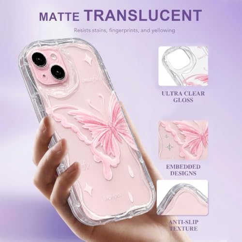 Image of VONZEE Cute Pink Butterfly Transparent Back Cover for iPhone 15| Clear Shockproof TPU Protective Case | Slim Anti-Yellowing Crystal Clear Phone Cover for Girls and Women