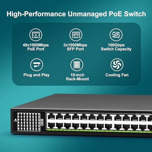 Image of 48-Port Gigabit PoE Switch Unmanaged with 2X 1000Mbps Uplink SFP Port, VIMIN 50-Port PoE Ethernet Switch Support IEEE802.3af /at, 400W Power, 100Gbps Switch Capacity,Plug and Play, Rack-Mount