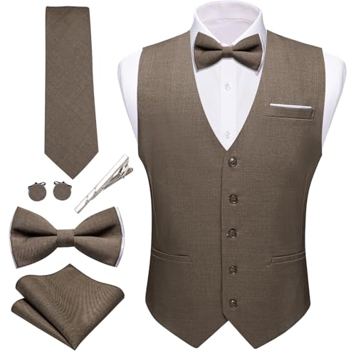 Barry.Wang Mens Suit Vest Linen Formal/Casual V-neck Waistcoat Tie Bow Tie Set Solid Color 6PC Wedding Party Tuxedo
