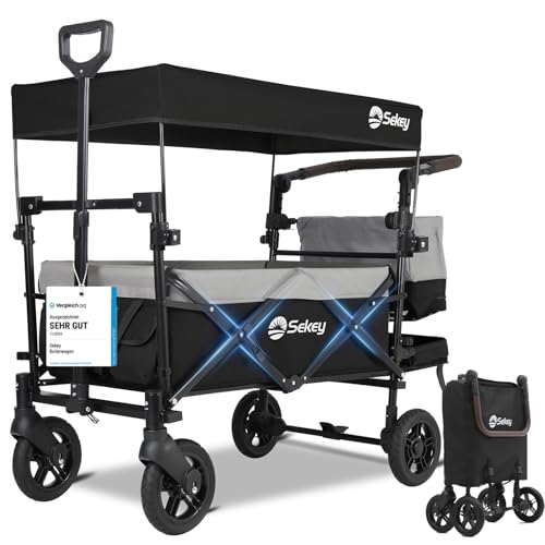 Sekey Bollerwagen Faltbar mit Dach 2 Kinder 100KG, Faltbarer Bollerwagen...