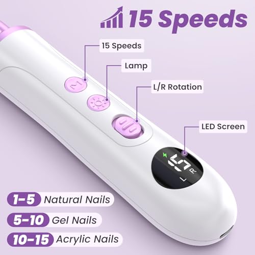 Maniküre Set Elektrisch, Pediküre Set Fußpflege Elektrisch Nagelfeile mit 9 Aufsätze zur Nagelpflege, Pediküreset Elektrisch mit 15 Geschwindigkeitsstufen und LED Licht für Hände und Füße