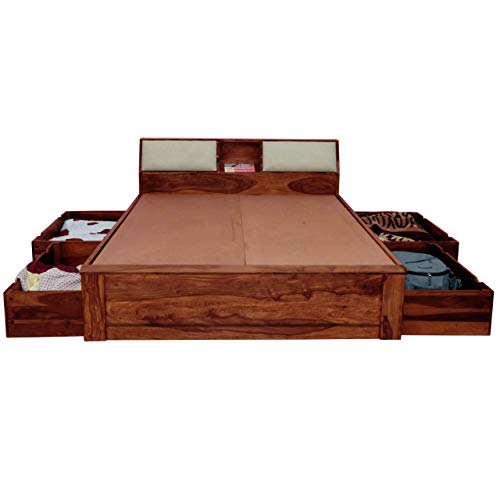 Image of APRODZ Sheesham Wood Allure Bed with Storage (Queen Size, Teak Finish)