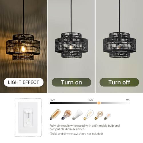 Image of 12.4 inch Black Boho Rattan Chandelier Light Fixture, 1-Light Hand Woven Pendant Light Fixture Farmhouse Rustic Hanging Lamp for Kitchen Island Bedroom, Dining Room, Living Room, Entryway, Foyer