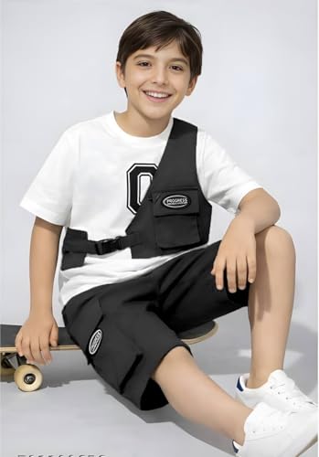 Image of Kids Boys 3-Piece Outfit Set | Half Sleeve T-Shirt, Utility Vest & Cargo Shorts with Cap | Stylish Casual Summer Clothing Set for Boys